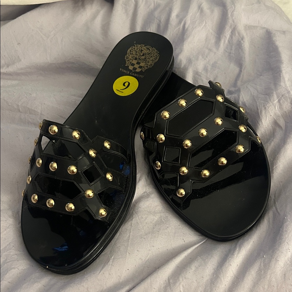 NWOB, Vince Camuto Black Studded Carron Gold Slide Sandals
